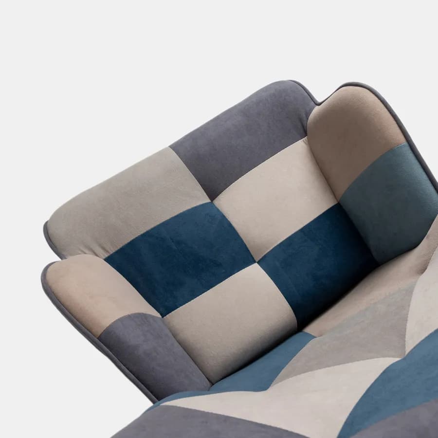Poltrona scandinava in tessuto patchwork multicolor blu con poggiapiedi - Copenaghen