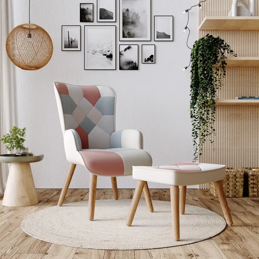 Poltrona scandinava in tessuto patchwork multicolor rosa con poggiapiedi - Copenaghen