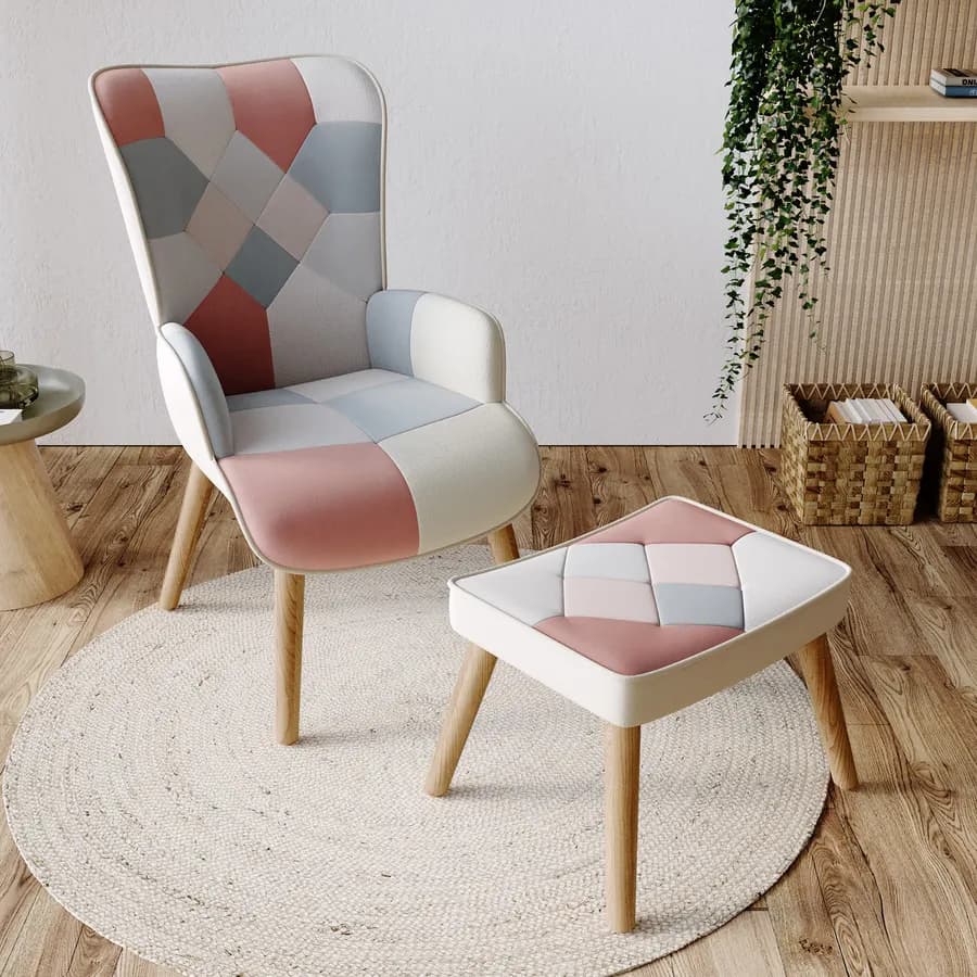 Poltrona scandinava in tessuto patchwork multicolor rosa con poggiapiedi - Copenaghen