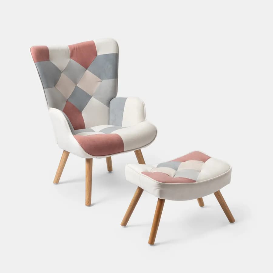Poltrona scandinava in tessuto patchwork multicolor rosa con poggiapiedi - Copenaghen