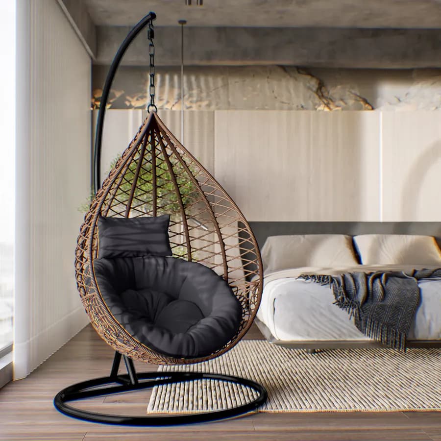 Poltrona sospesa in polyrattan caffè con cuscino e supporto - Bouvet