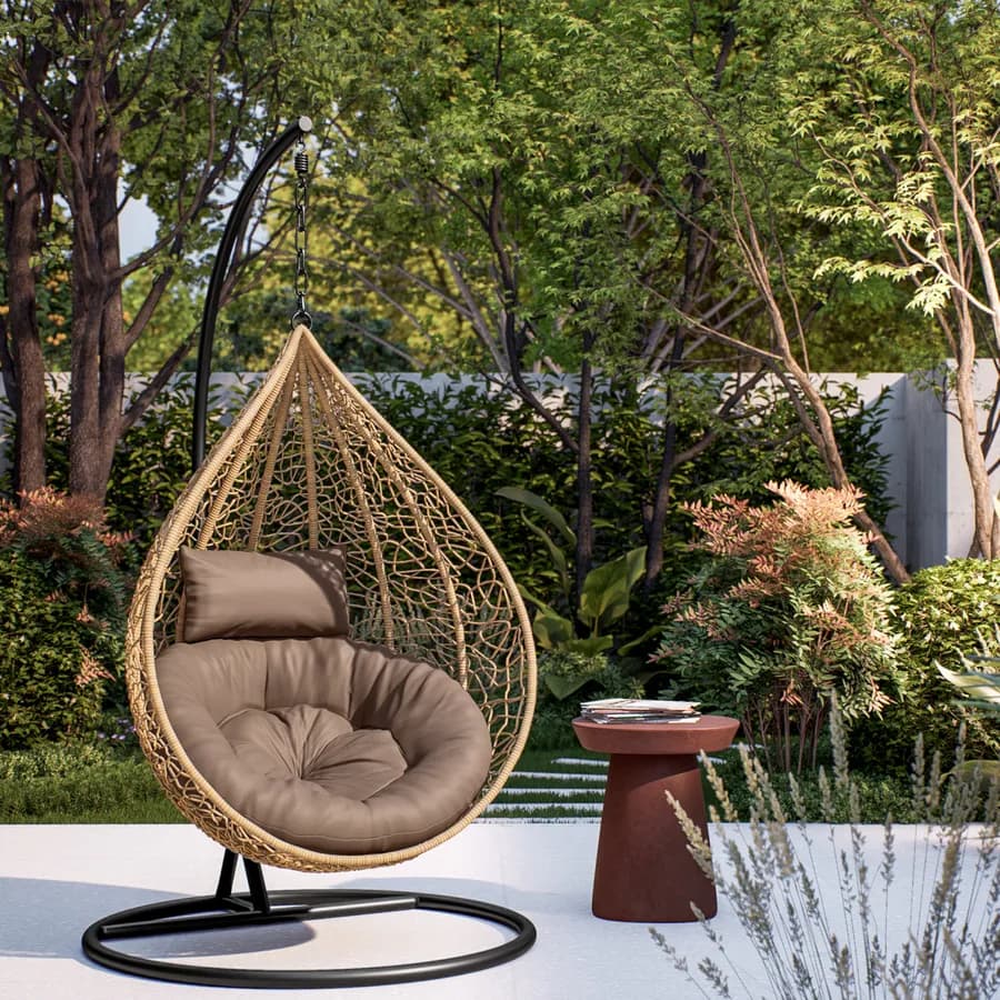 Poltrona sospesa in polyrattan nocciola con cuscino marrone e supporto - Orba