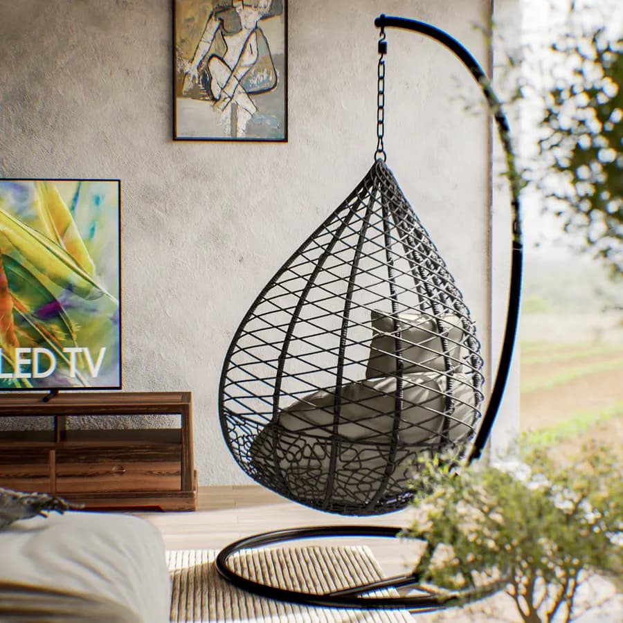 Poltrona sospesa in polyrattan grigio con cuscino e supporto - Bouvet