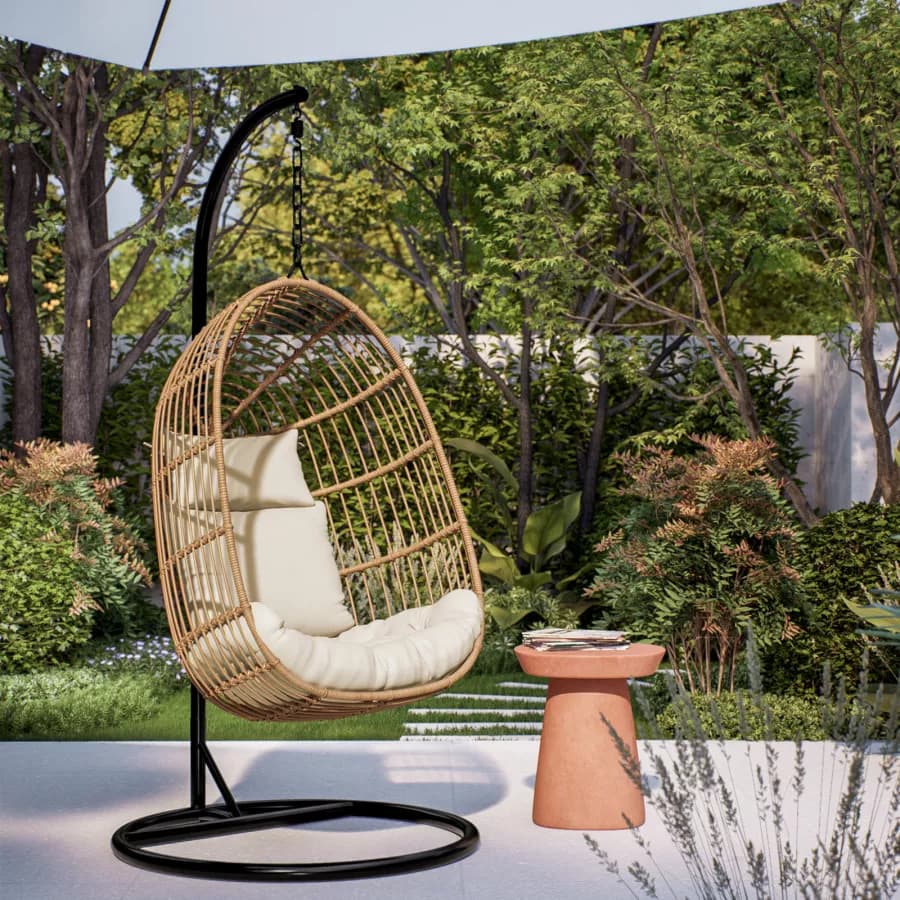Poltrona sospesa in polyrattan naturale con cuscino e supporto - Tristan