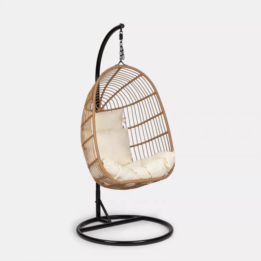 Poltrona sospesa in polyrattan naturale con cuscino e supporto - Tristan