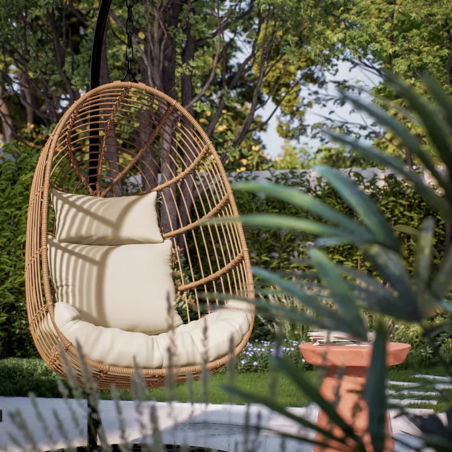 Poltrona sospesa in polyrattan naturale con cuscino e supporto - Tristan