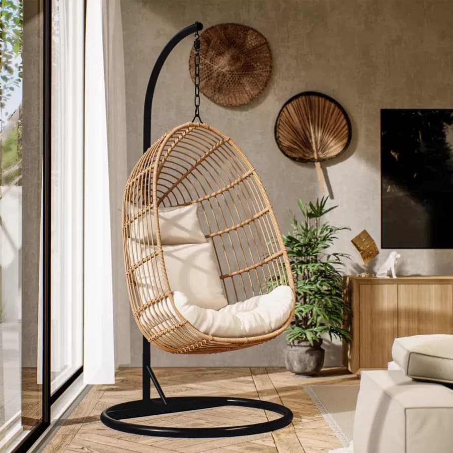 Poltrona sospesa in polyrattan naturale con cuscino e supporto - Tristan