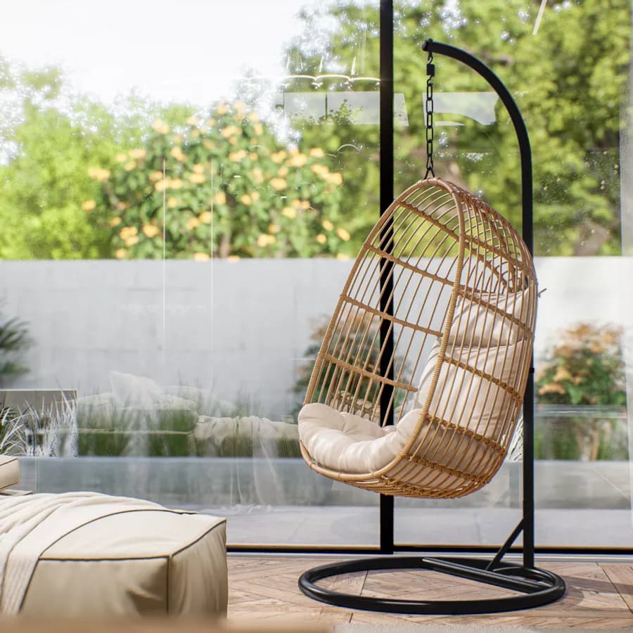 Poltrona sospesa in polyrattan naturale con cuscino e supporto - Tristan