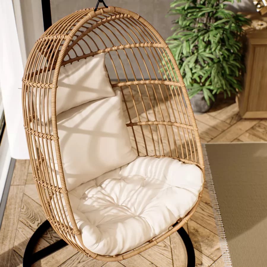 Poltrona sospesa in polyrattan naturale con cuscino e supporto - Tristan