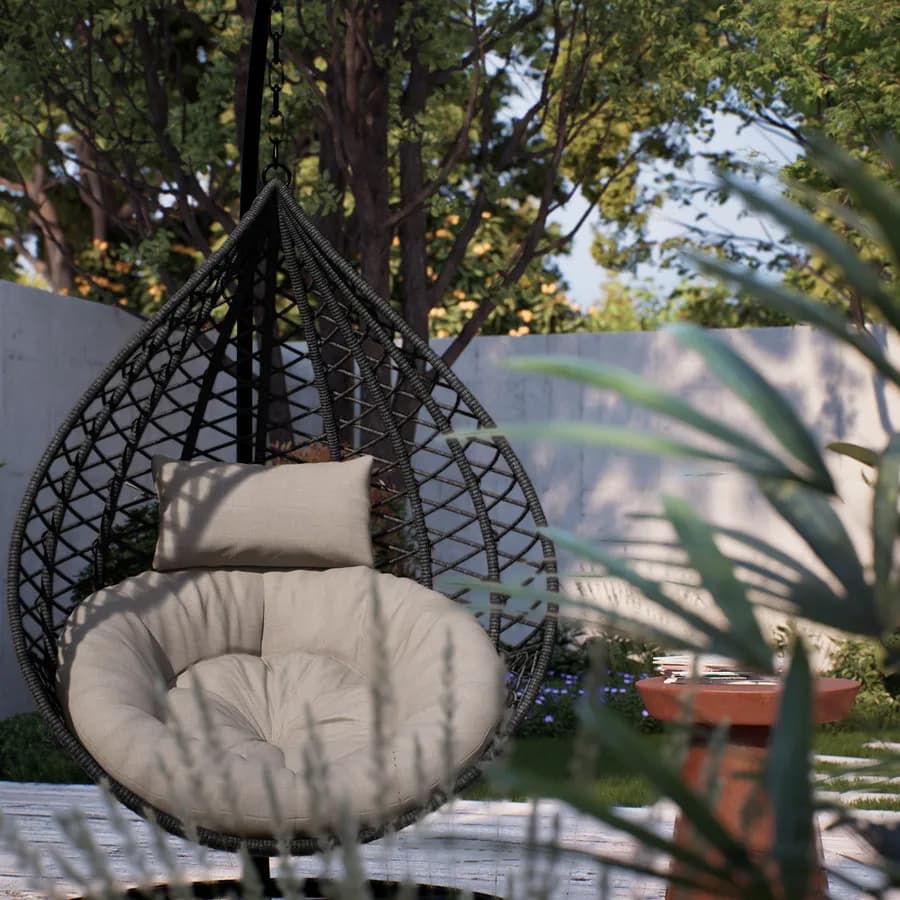 Poltrona sospesa in polyrattan nero con cuscino e supporto - Bouvet