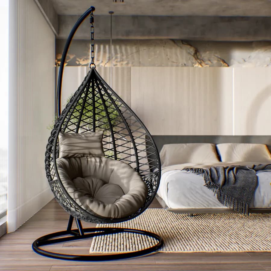 Poltrona sospesa in polyrattan nero con cuscino e supporto - Bouvet