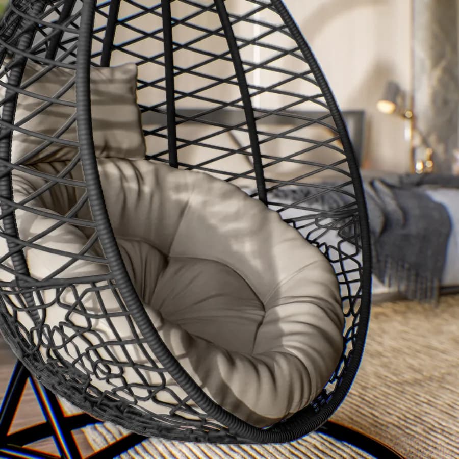 Poltrona sospesa in polyrattan nero con cuscino e supporto - Bouvet