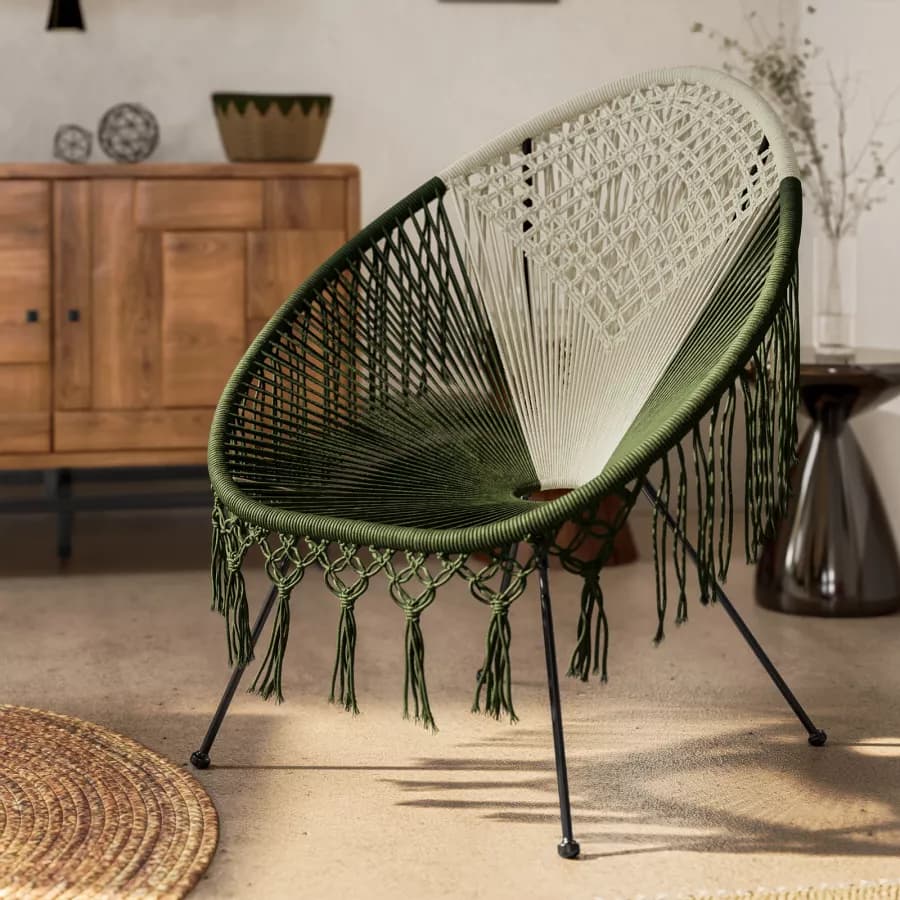 Poltrona macramè in cotone naturale ecrù e verde militare - Dasya