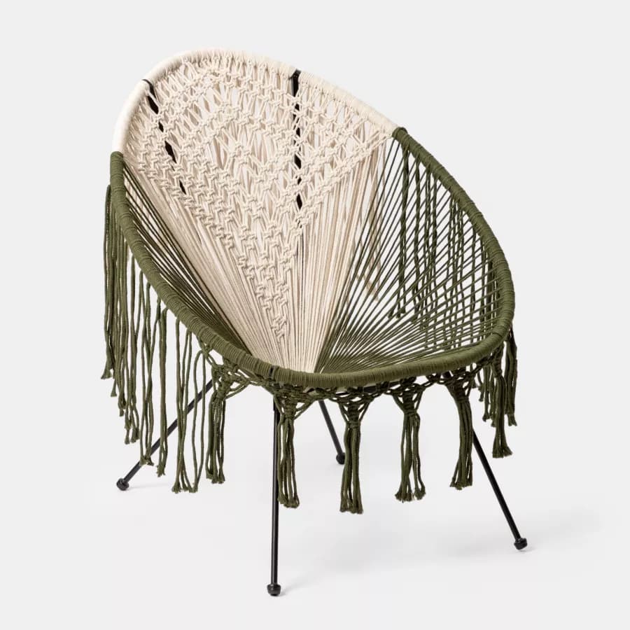 Poltrona macramè in cotone naturale ecrù e verde militare - Dasya