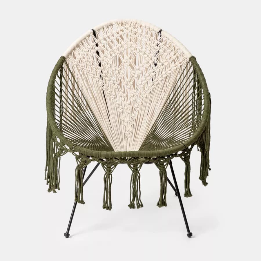 Poltrona macramè in cotone naturale ecrù e verde militare - Dasya
