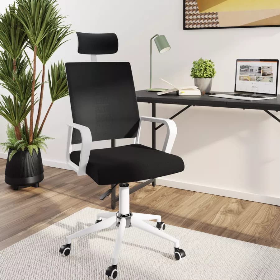 Poltrona da ufficio girevole in tessuto nero con supporto ergonomico bianco - Australe