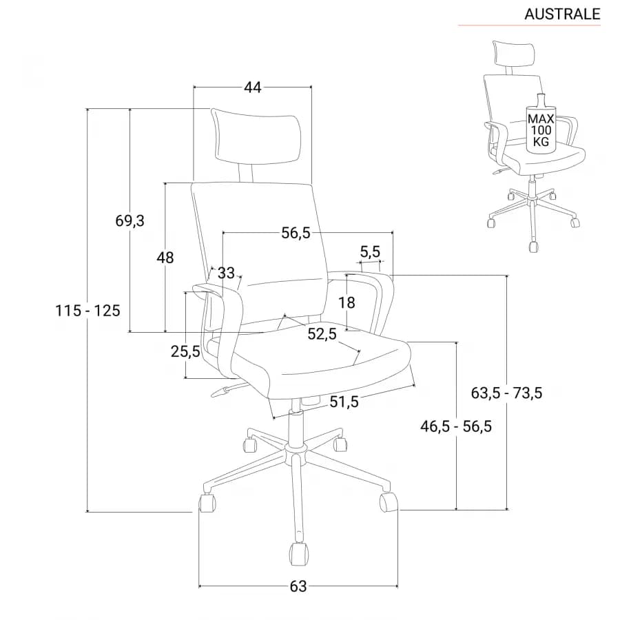 Poltrona da ufficio girevole in tessuto nero con supporto ergonomico bianco - Australe