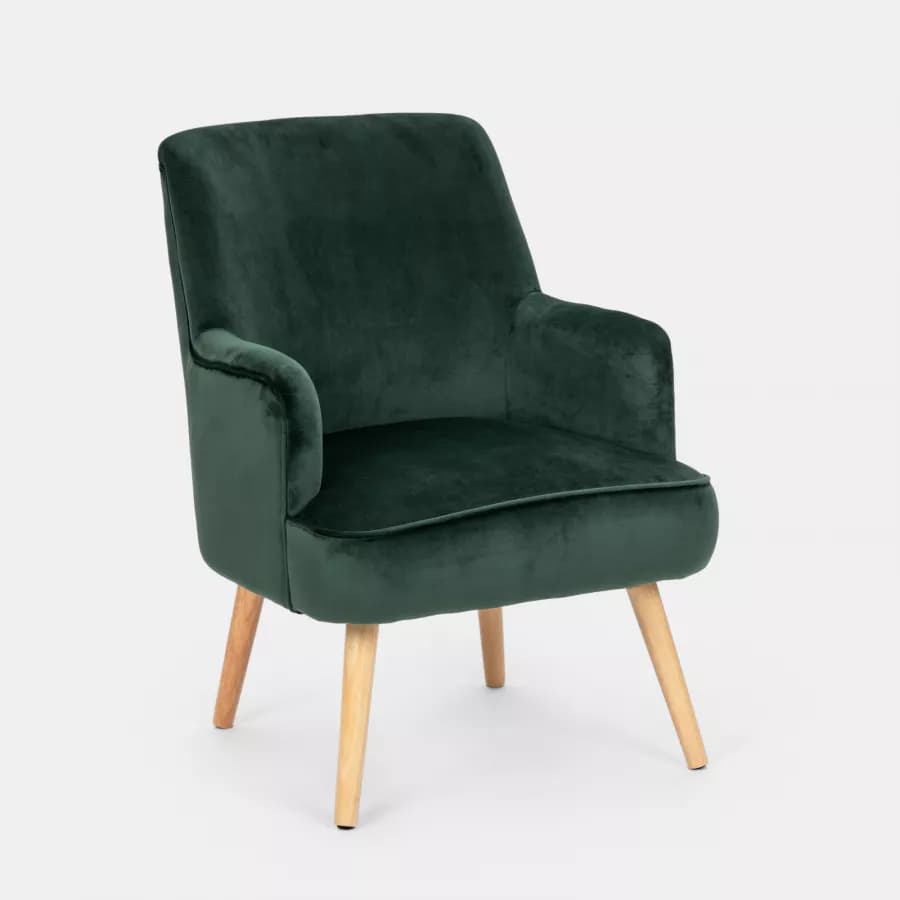 Poltrona in velluto verde con gambe in legno - Elenor