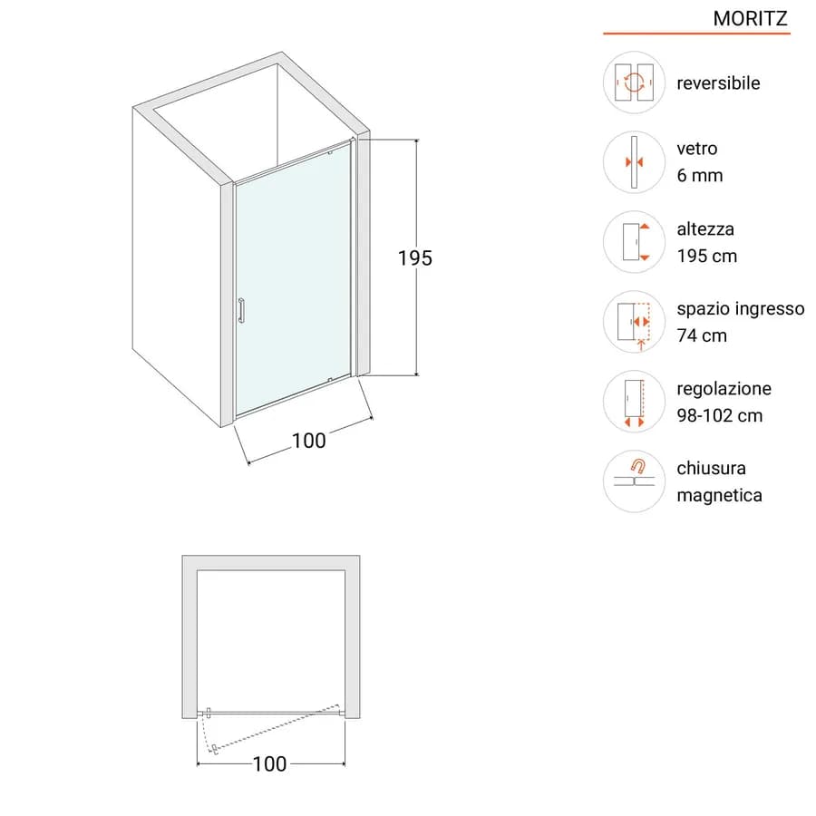 Box doccia nicchia 100 cm battente vetro trasparente anticalcare profilo cromo 195h - Moritz