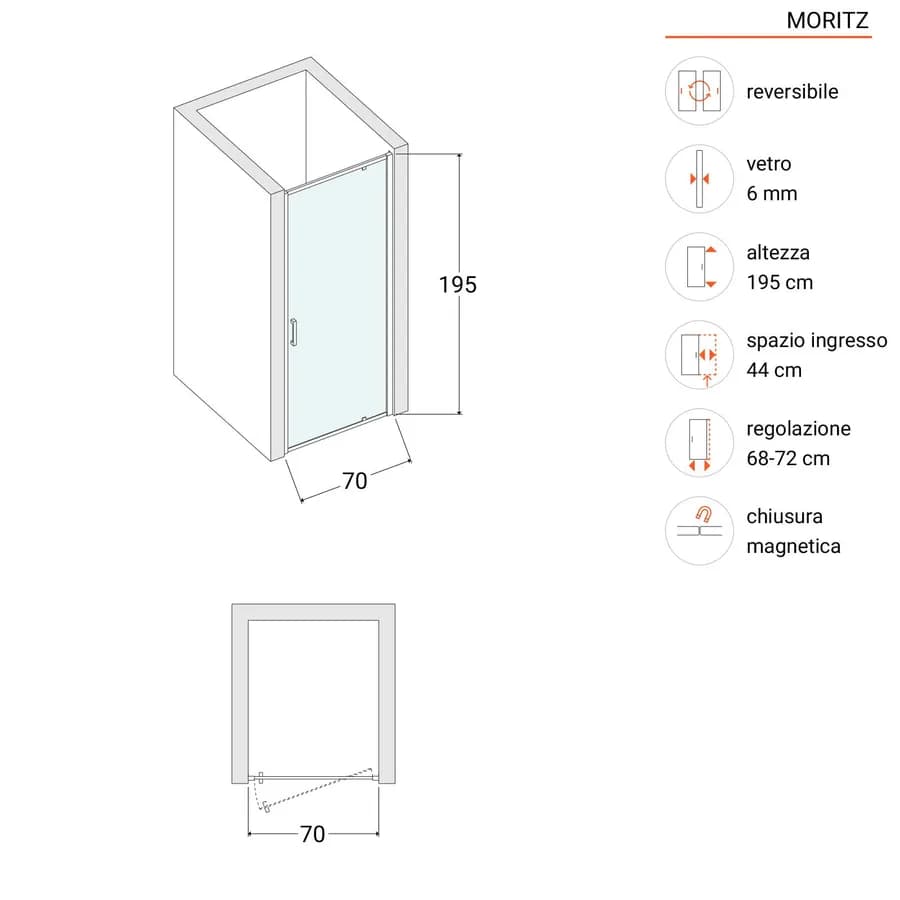 Box doccia nicchia 70 cm battente vetro temperato opaco profilo cromo 195h - Moritz