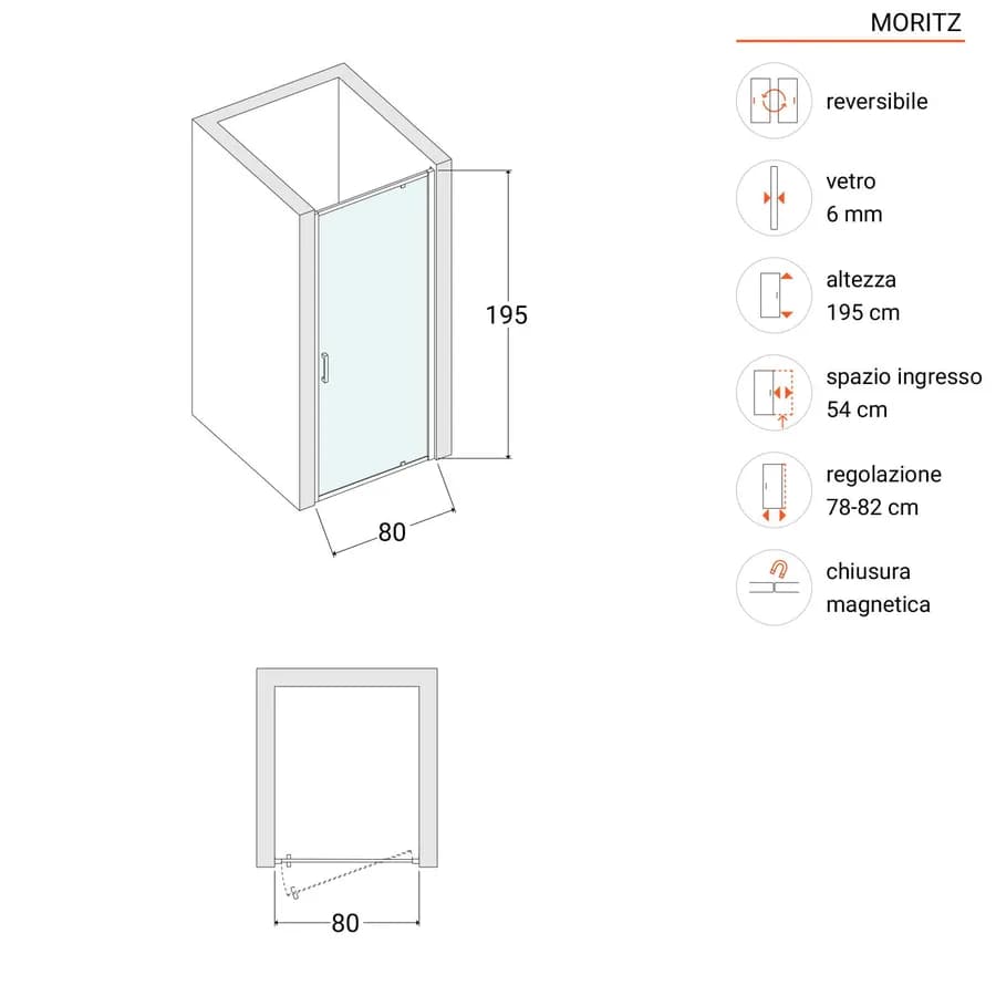 Box doccia nicchia 80 cm battente vetro trasparente anticalcare profilo cromo 195h - Moritz
