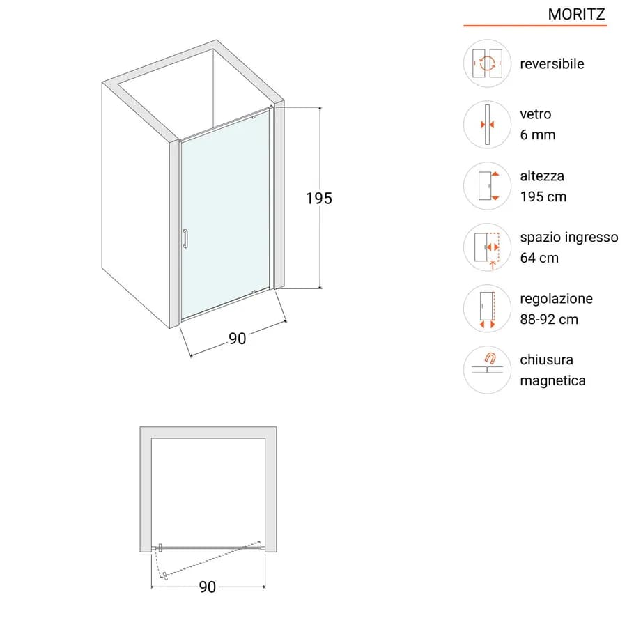 Box doccia nicchia 90 cm basculante vetro temperato trasparente anticalcare profilo cromo 195h - Moritz