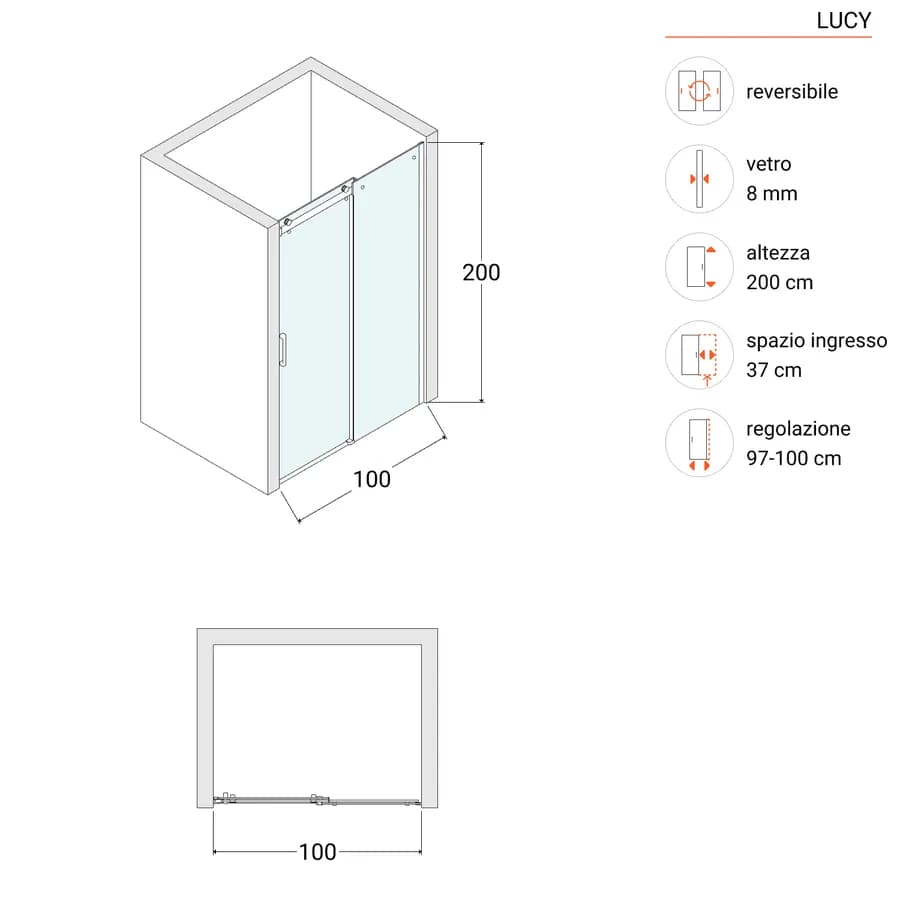 Box doccia nicchia 100 cm scorrevole vetro anticalcare fumè e profilo cromo 200h - Lucy