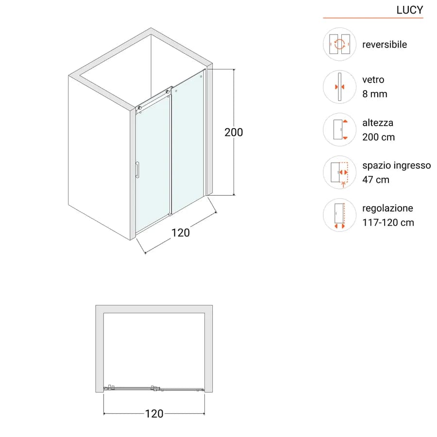 Box doccia nicchia 120 cm scorrevole vetro anticalcare fumè e profilo nero 200h - Lucy