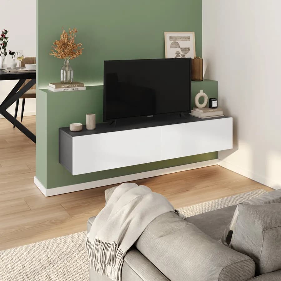 Porta tv sospeso 135x32h cm antracite con 2 ante bianco opaco - Betka