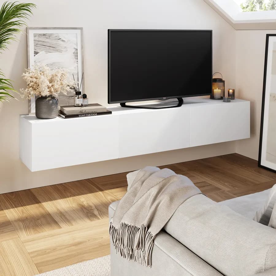 Porta tv sospeso 180x30h cm bianco opaco con 3 ante - Betka