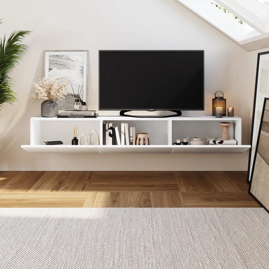 Porta tv sospeso 180x30h cm bianco opaco con 3 ante - Betka
