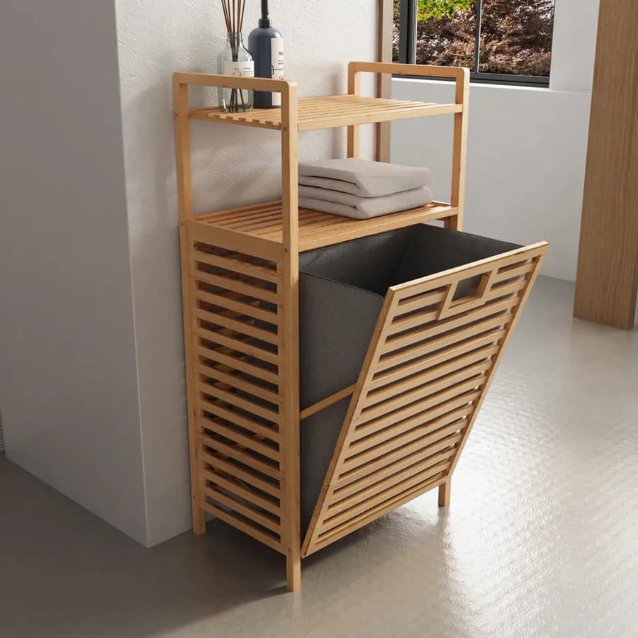 Portabiancheria in legno bambù estraibile con ripiano superiore da bagno o lavanderia - Grace