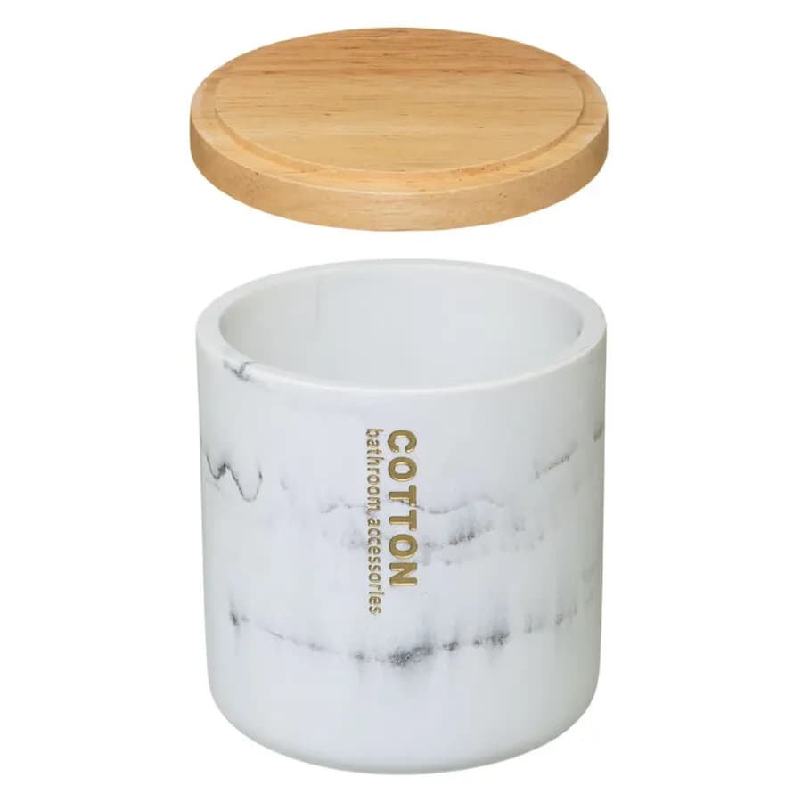 Portaoggetti d'appoggio effetto marmo bianco e coperchio in bambù - Lynda