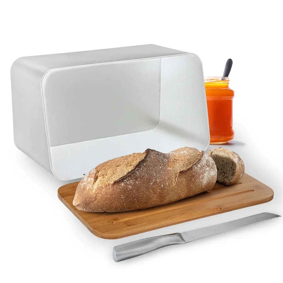 Portapane 37x23h cm in metallo bianco e tagliere in bambù