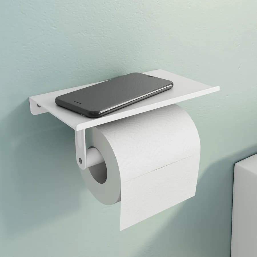 Portarotolo con mensola porta cellulare incorporato 18 cm in metallo bianco opaco - Arya