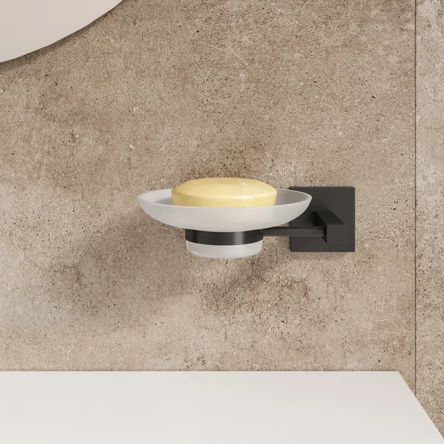 Portasapone a muro in metallo nero e vetro satinato - Clover