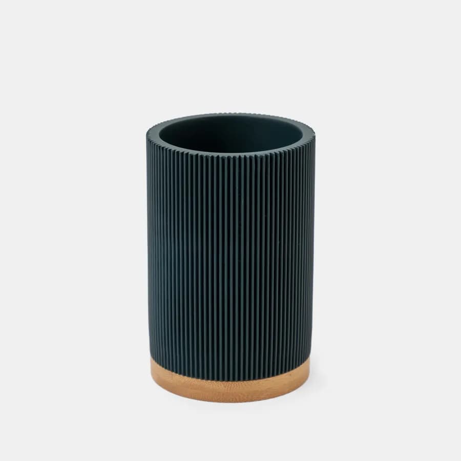 Portaspazzolini d'appoggio in pietra blu petrolio rigato con base in bambù - Scottie