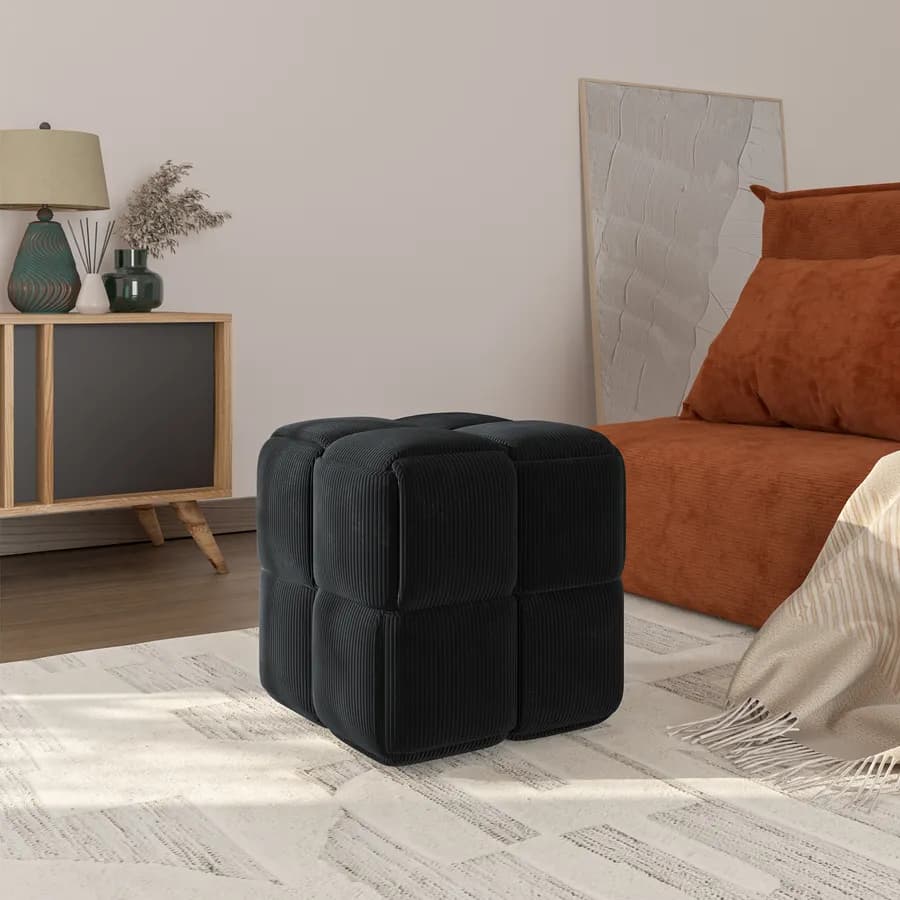 Pouf 36x36 cm in velluto a coste nero antimacchia e idrorepellente - Josef