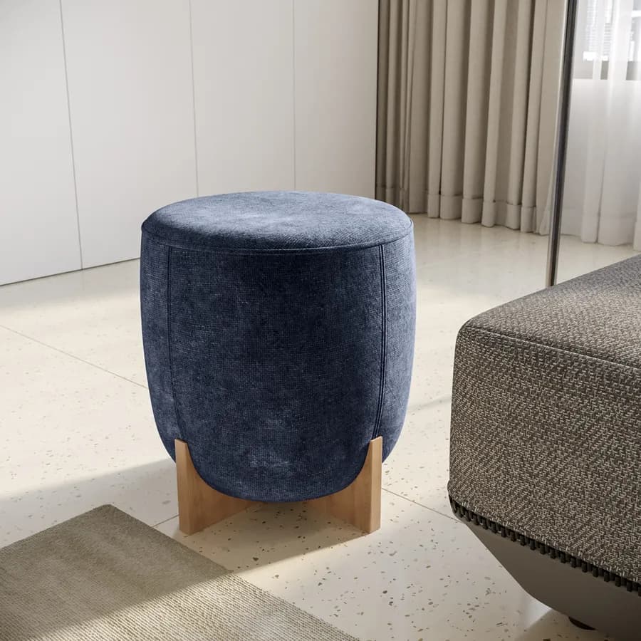 Pouf 41 cm in tessuto ciniglia blu con base in legno - Hartley