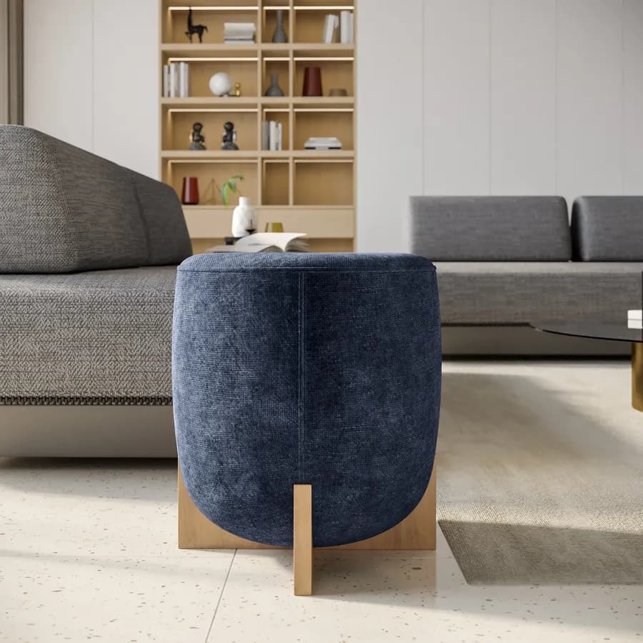 Pouf 41 cm in tessuto ciniglia blu con base in legno - Hartley