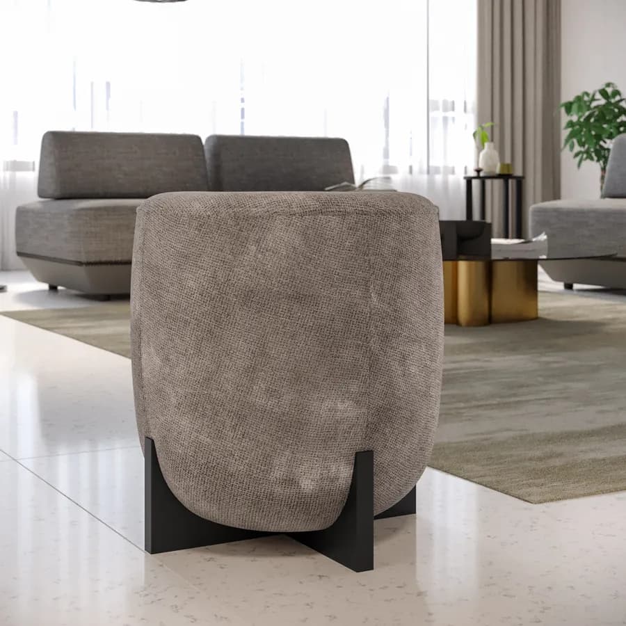 Pouf 41 cm in tessuto ciniglia grigio con base in legno nero - Hartley