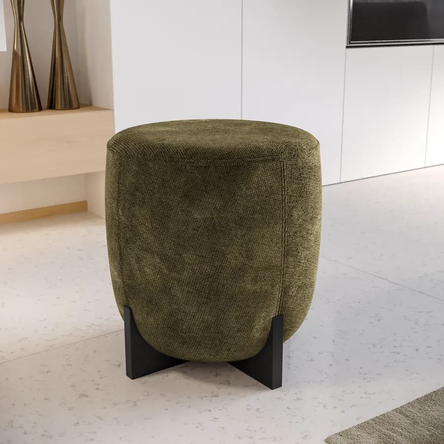 Pouf 41 cm in tessuto ciniglia verde con base in legno nero - Hartley