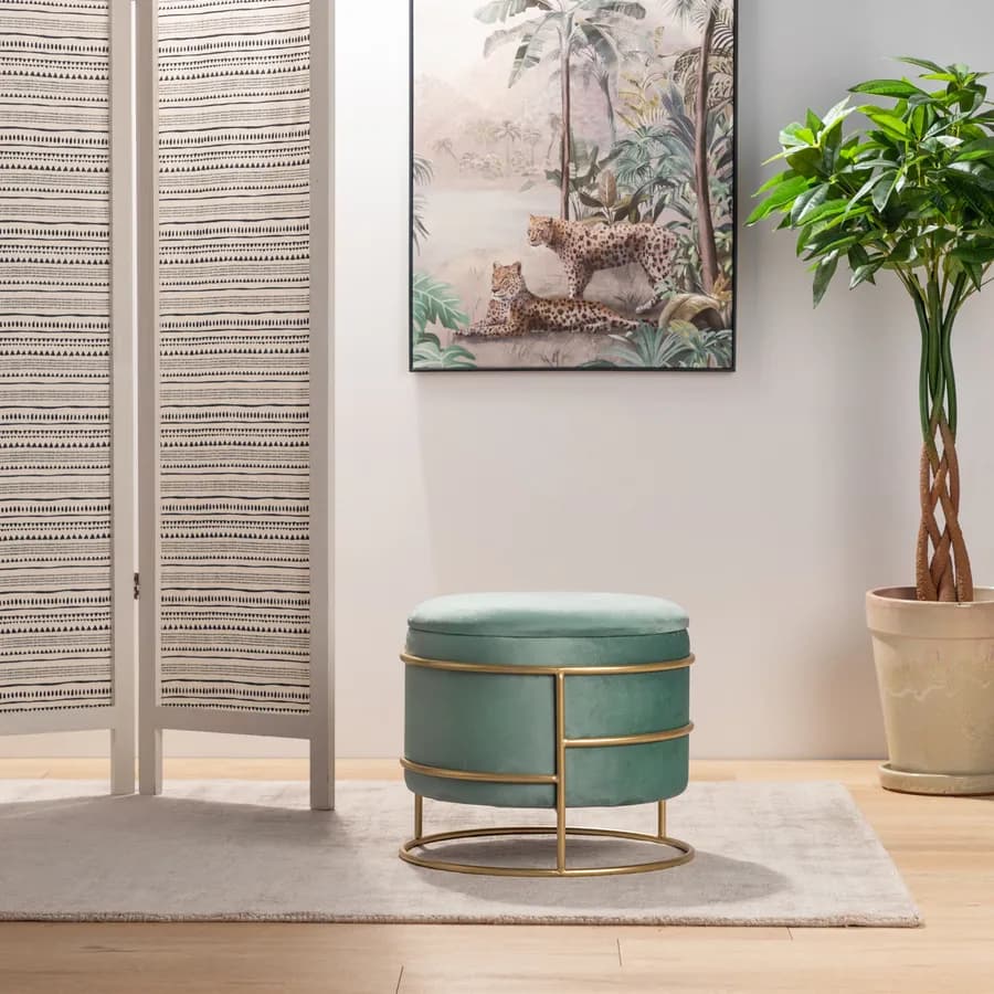 Pouf contenitore 43x37h cm in velluto verde salvia con base oro - Balance