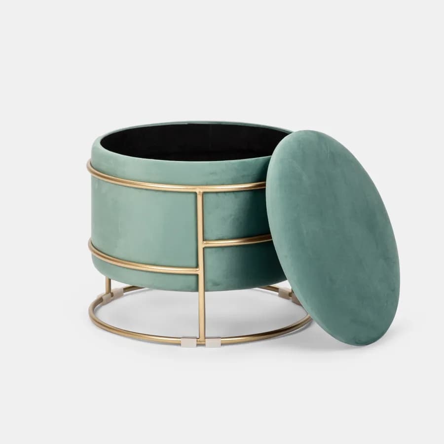 Pouf contenitore 43x37h cm in velluto verde salvia con base oro - Balance