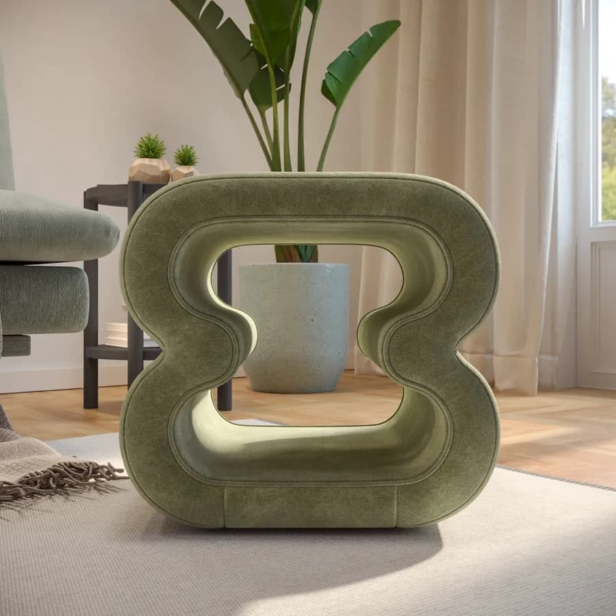 Pouf 45x42 cm in tessuto a trama sottile verde chiaro con design astratto - Everett