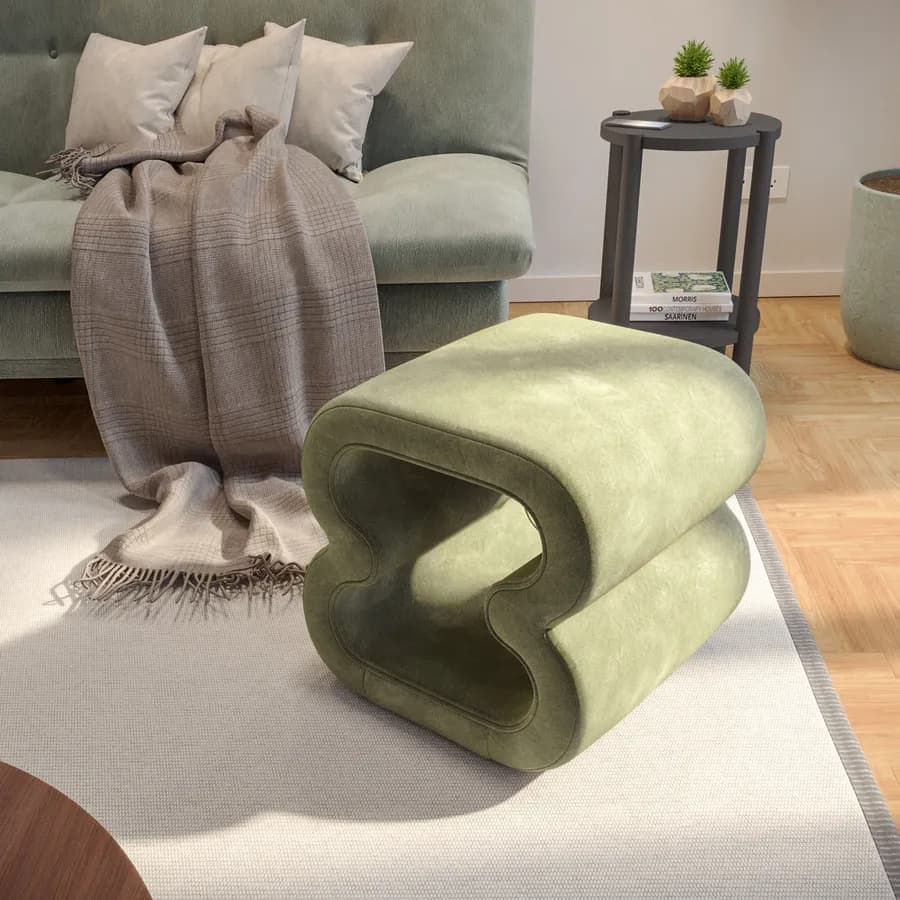 Pouf 45x42 cm in tessuto a trama sottile verde chiaro con design astratto - Everett
