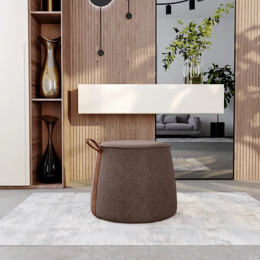 Pouf 50x42h cm in ciniglia cappuccino con dettaglio cuoio - Sashe