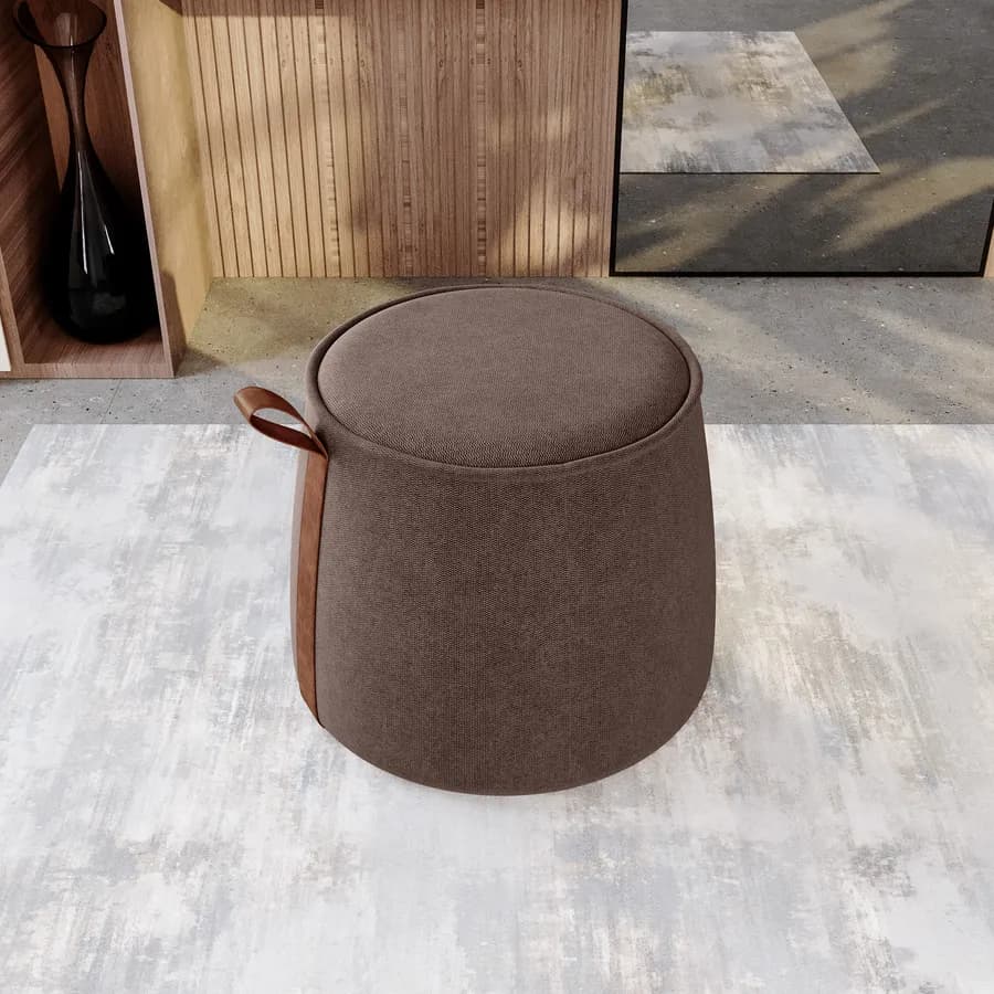 Pouf 50x42h cm in ciniglia cappuccino con dettaglio cuoio - Sashe