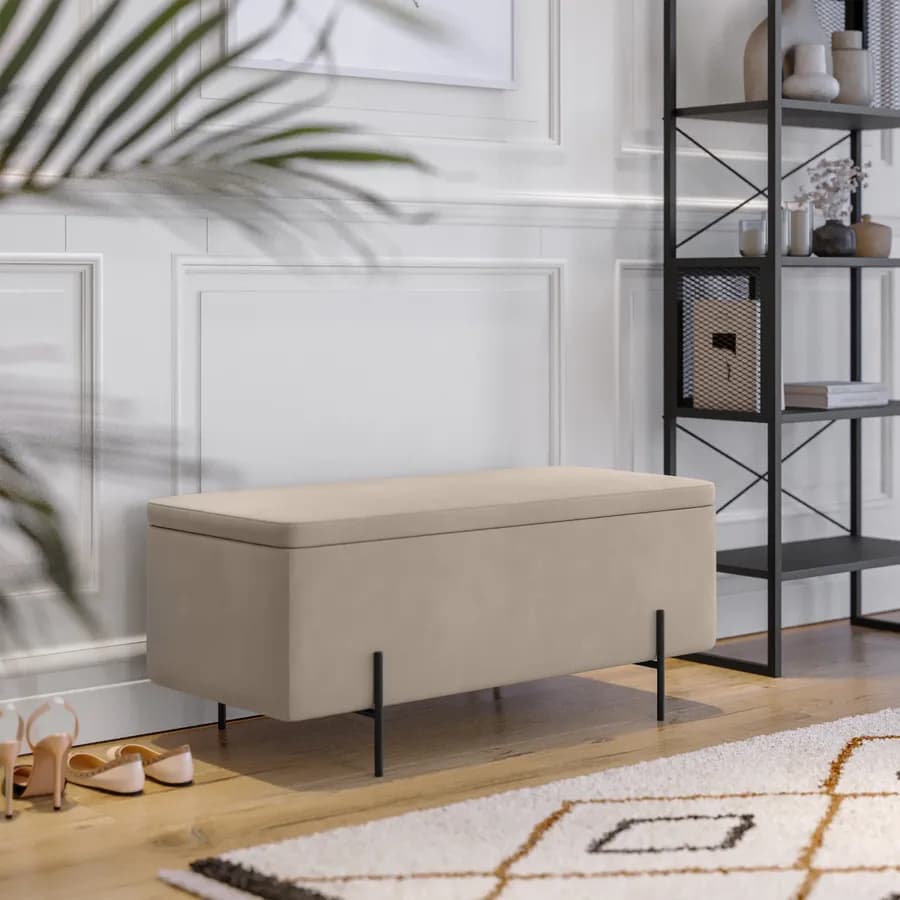 Panca contenitore 110x44 cm in velluto beige e gambe in metallo nero - Jannali