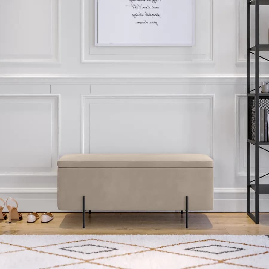 Panca contenitore 110x44 cm in velluto beige e gambe in metallo nero - Jannali